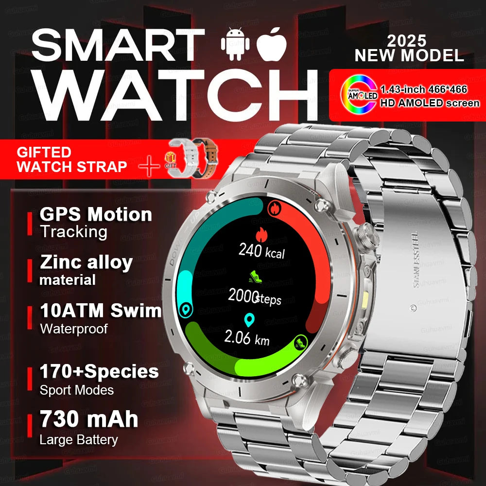 2025 Upgraded New Outdoors Sports Military GPS Smart Watch 10ATM Waterproof 730mAh High Battery Compass NFC HD BT Call Men Watch