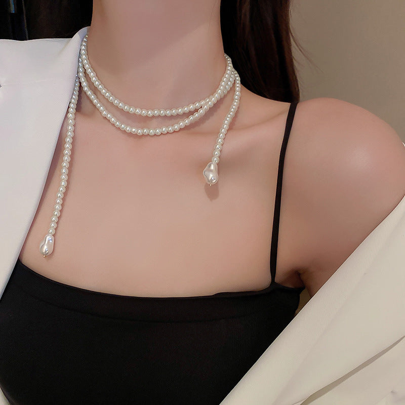 Multilayer Pearl Choker Necklaces for Women Short Geometric Crystal Chokers Necklace