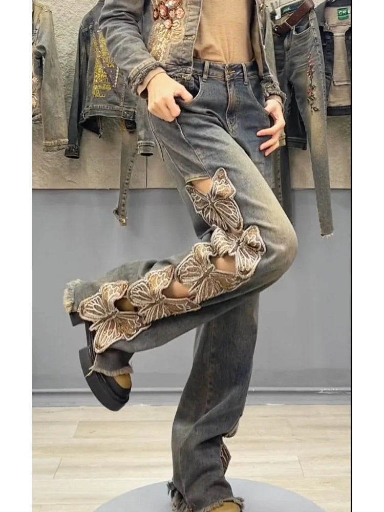 Summer Y2K Streetwear Harajuku Butterfly Decoration Denim Pants