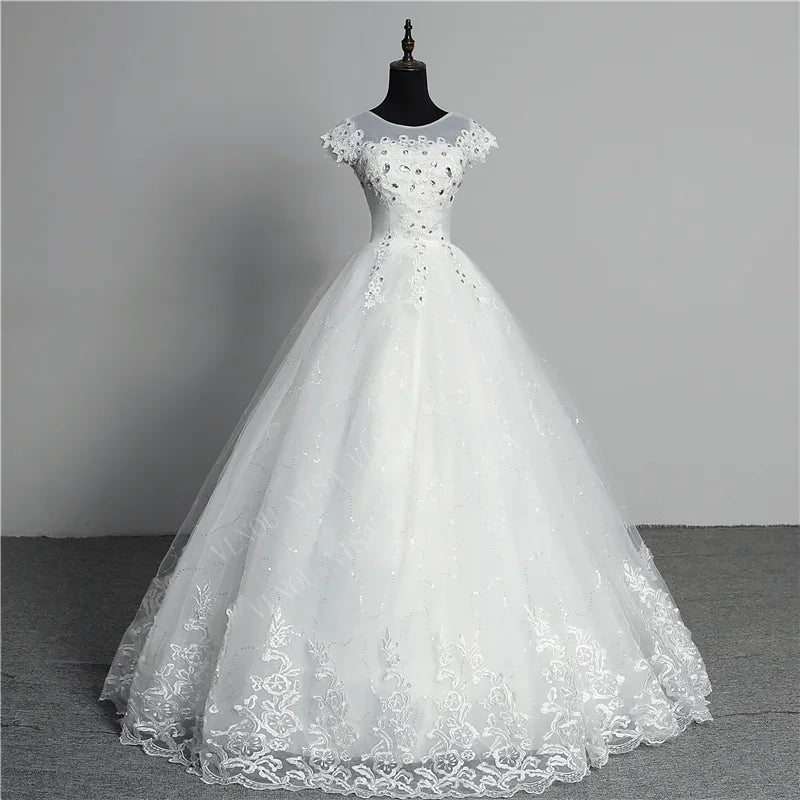 White Bridesmaid Dresses: Plus Size Wedding Dress with Sleeve O Neck Brides Dress Floor