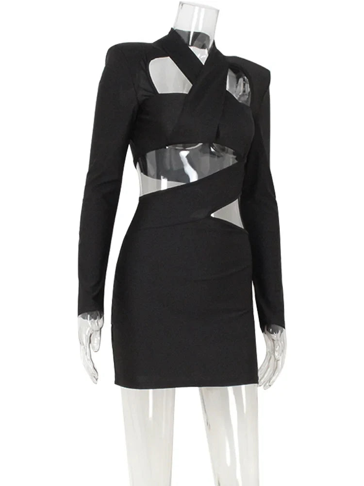 CNYISHE Hollow Out Solid New Sytle Hip Wrap Outfits Women Dresses Long Sleeve V Neck Fashion Party Sheath Lady Female Evening
