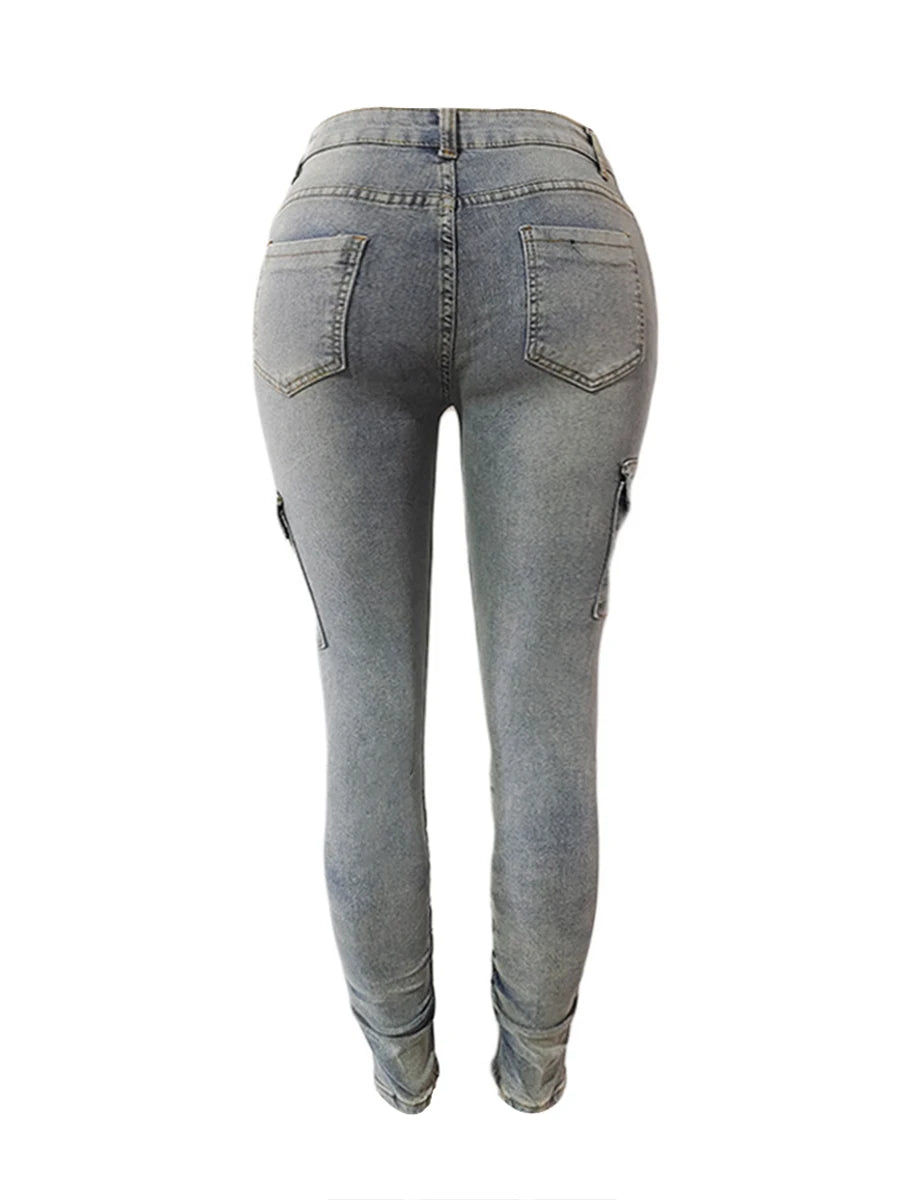 LW Plus Size High Waist Side Flap Pocket Cargo Jeans Women Zipper Ruched Design Jeans