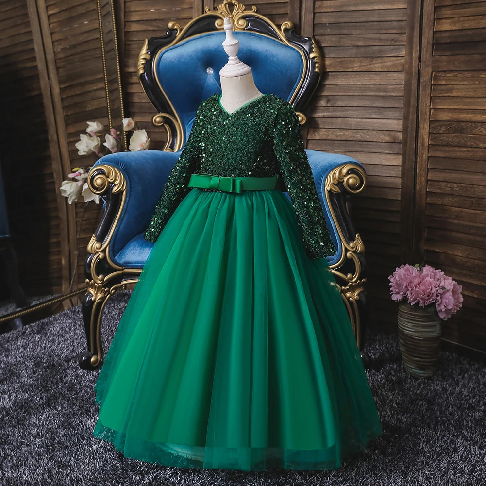 318 Girl's Birthday Evening Dress Long Sleeve Sparkling Pong Skirt Flower Girl Wedding Dress Piano Performance Dress