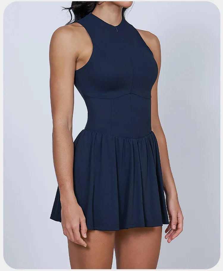 BIANHUI Women's Summer Sundress Fake Two-Piece Stand Collar Dress Running Anti-Exposure Base Layer A Flared Tennis Skirt
