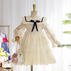 Baby Girls Long-sleeved Lace Dresses Children's Kids Girls Bowknot