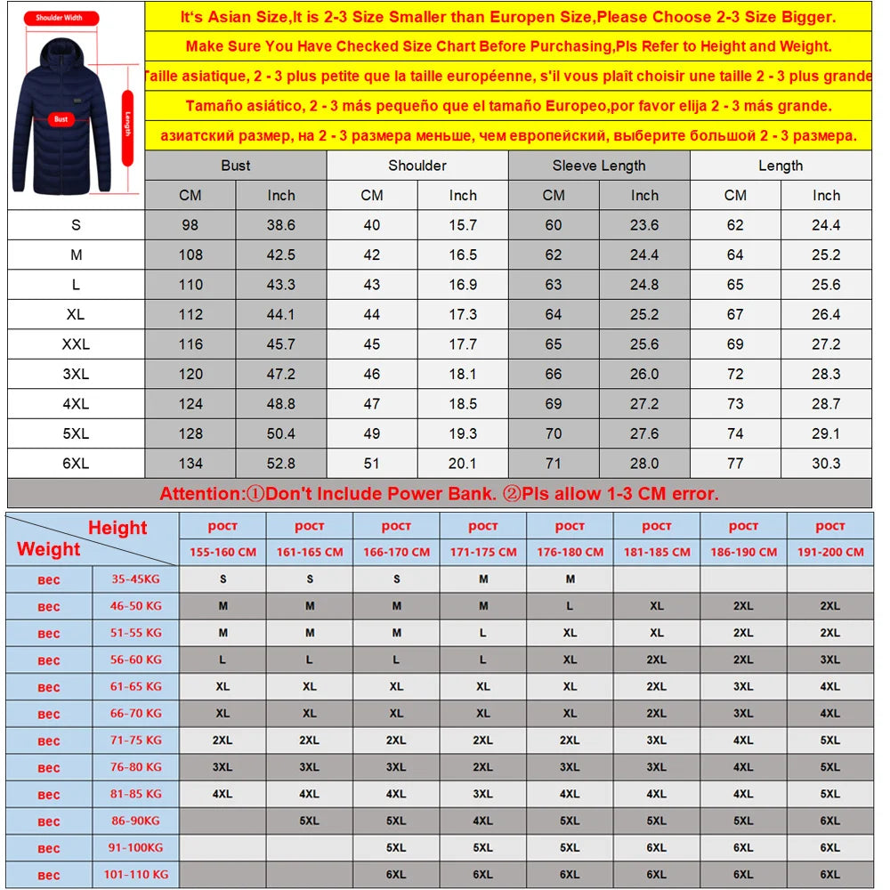 19 Areas USB Heated Jacket Men Winter Thermal Coat Electric Heating Jacket Hooded