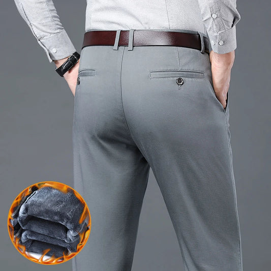 Winter Warm Fleece Men's Suit Pants Men Cotton Business Thick Solid Color