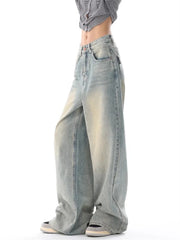 Women's American Vintage Washed Thin Jeans Street Casual Neutral Style Blue Denim