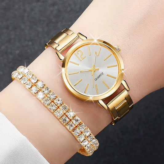 6PCS/Set Women's Watch Fashion Steel Band Quartz Watches Diamond Bracelets Set（Without Box）
