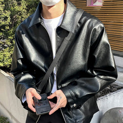 Lapel Men PU Leather Jacket Korean Style Biker Clothing