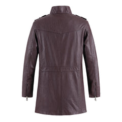 Winter Long PU Leather Jackets Men Stand Collar Windbreaker Faux Outerwear