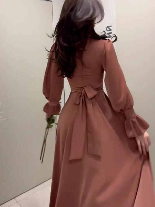 Evening Dresses: Long Dress in Spring Fashion Satin Long Sleeves Elegant Robe Dress