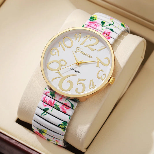 1/2/3/4PCS Fashion Flowers Printed Women Watch Luxury Elastic Strap Arabic Quartz Watches Reloj Mujer Girls Clock（Without Box）