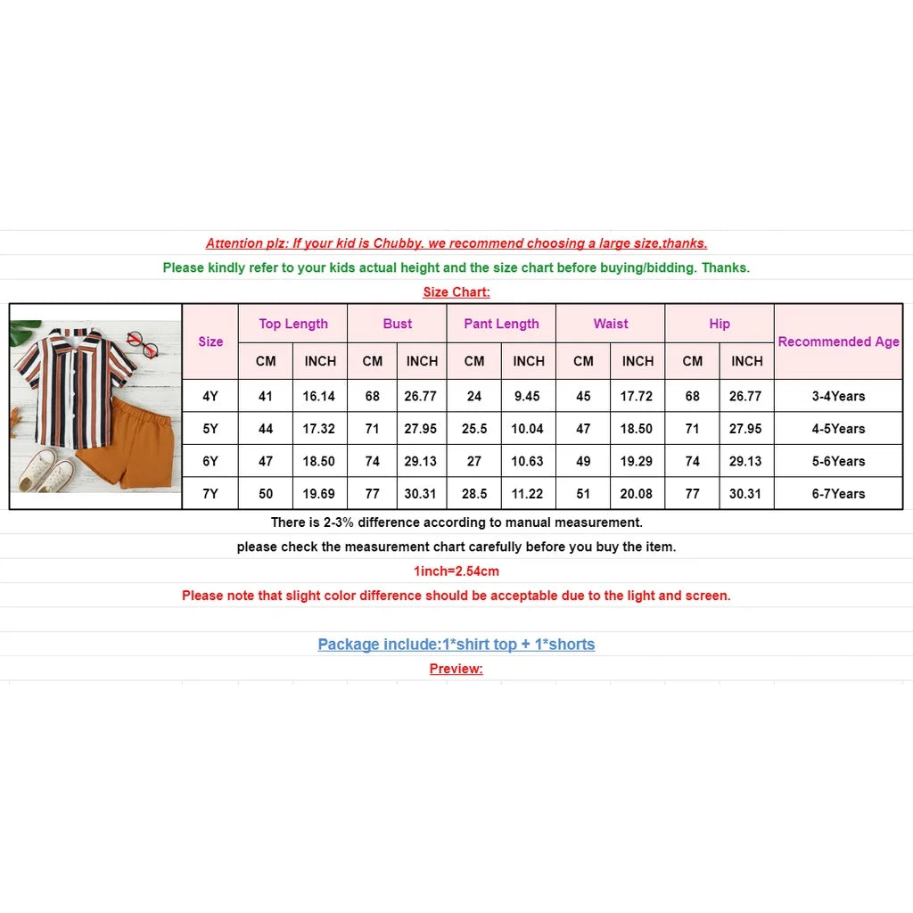 4-7 Years Clothes Set for Kids Baby Boy Handsome Striped Short Sleeves Shirt+Solid Shorts 2PCS Summer Daily Casual School Outfit