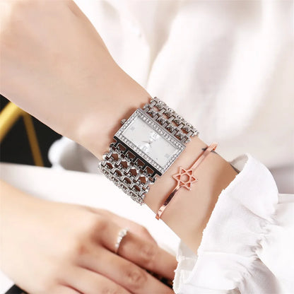 Luxury Ladies Simple Diamond Set Square Bracelet Quartz Watches Fashion Gold Stainless Steel Skeleton Women Clock Dress Watch