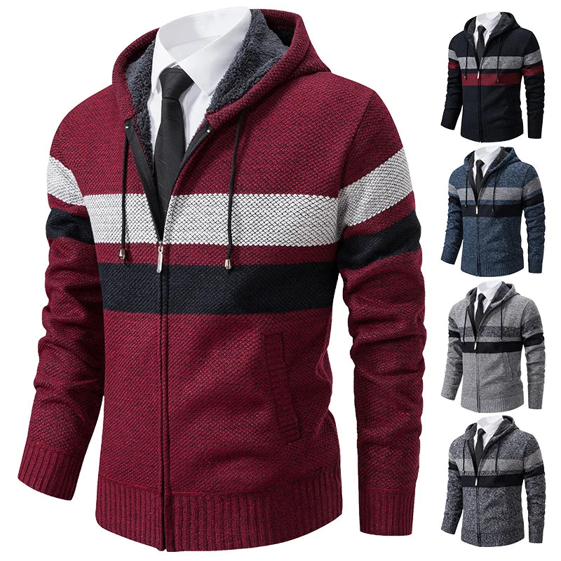 2023 New Autumn and Winter Striped Hooded Sweater Men's Coat with Velvet Padded Warm Knit Cardigan