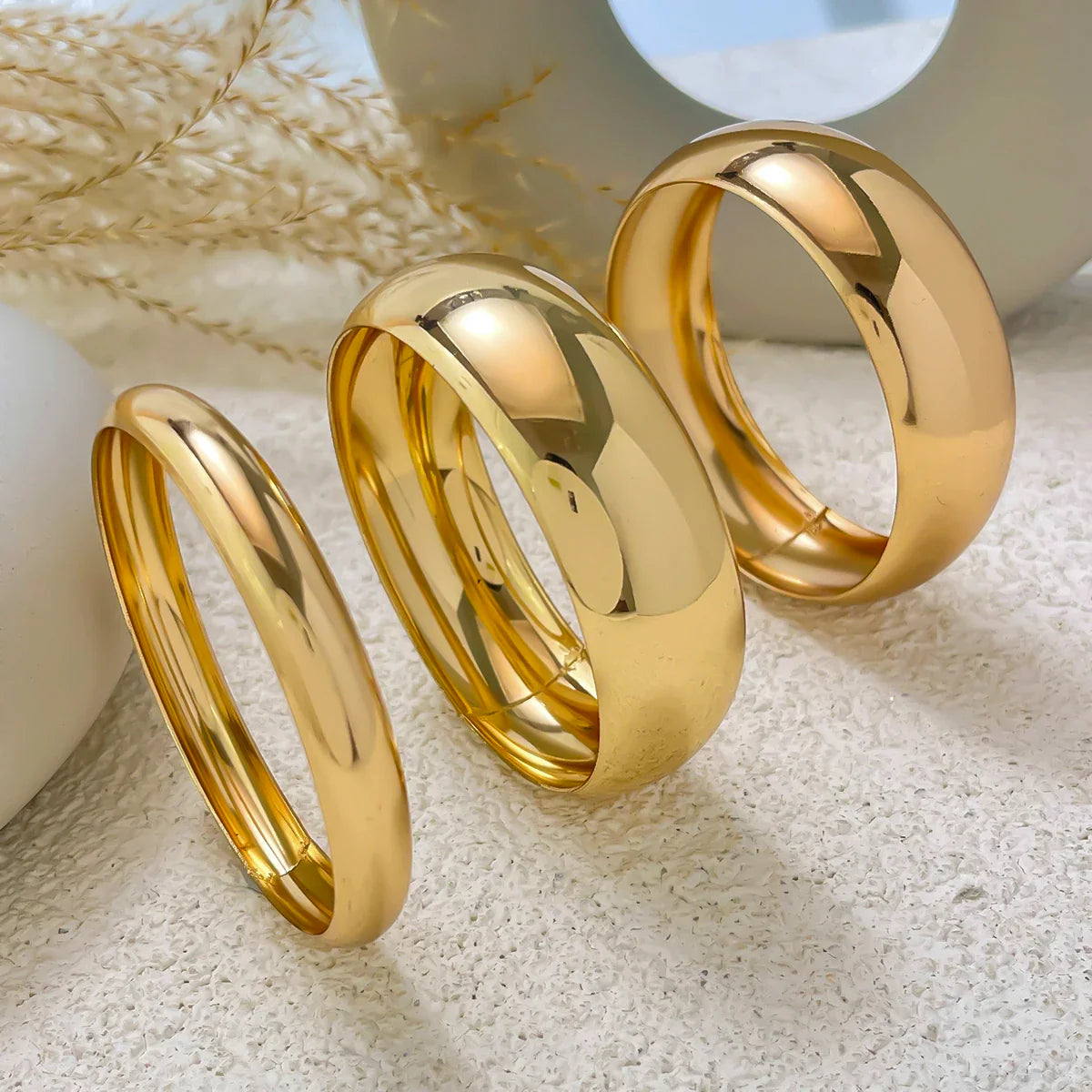 KunJoe 3Pcs/Set Fashion Design Smooth Round Big Bangles for Women Punk Heavy Metal 6.5cm Wide Bracelets Gold Color Hand Jewelry