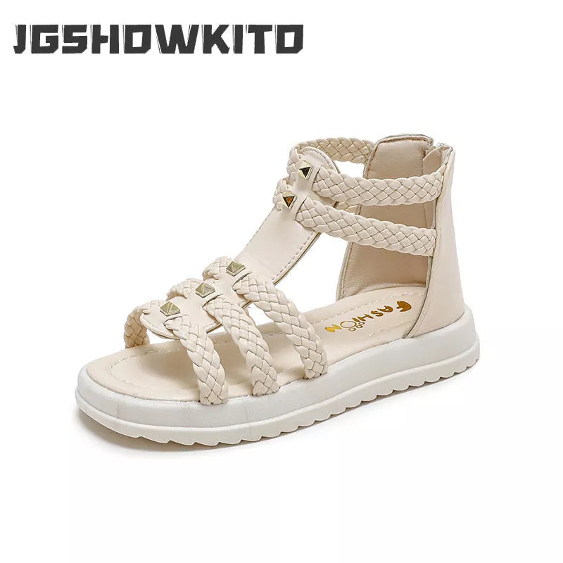 Kids Summer Sandals for Girls 2023 New Versatile Korean Style PU Soft Non-slip Flat Casual Weave Gladiator Sandals Princess Soft