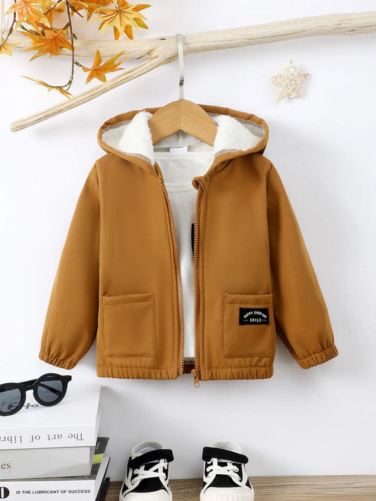 Kids Boy Clothes Solid Color Hooded Zipper Warm Overcoat Winter with Pockets Fashion Daily Wear for Children Boy 1-5 Years