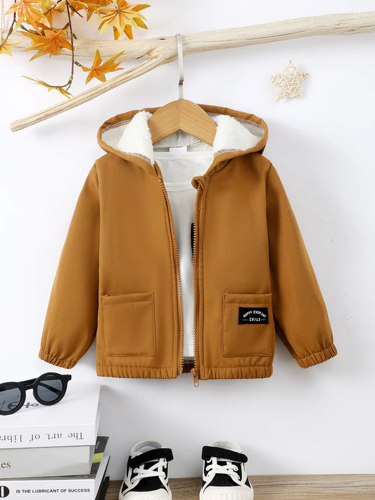 Kids Boy Clothes Solid Color Hooded Zipper Warm Overcoat Winter with Pockets