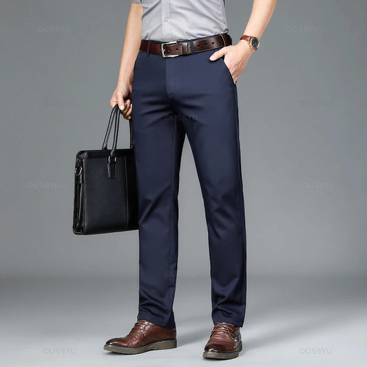 Spring Summer Straight Suit Pants Men Cotton Business Stretch Royal Blue Khaki Black