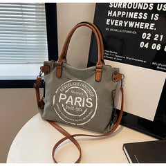 Large Retro Canvas Tote Bag Adjustable Shoulder Strap Vintage Paris Stamp Print