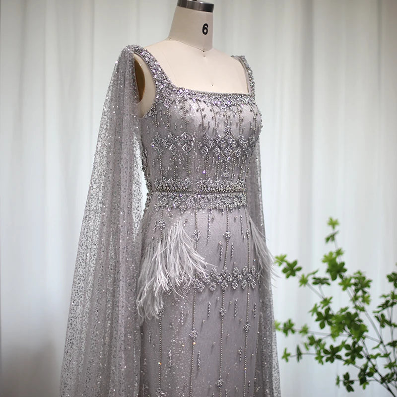 Sharon Said Bling Gray Mermaid Arabic Evening Dress with Cape Luxury Feather Dubai Formal Dresses for Women Wedding Party SS279