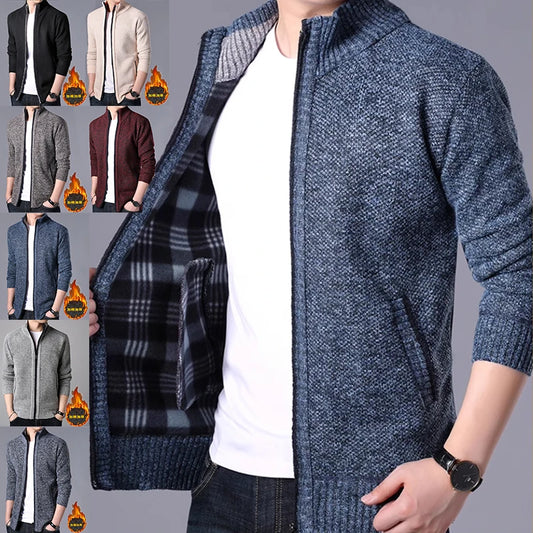 M-4XL Autumn/Winter New Men's Plush Thickened Knitted Jacket Vertical Neck Zipper Sweater Cardigan Warm Coat Jacket Jacket