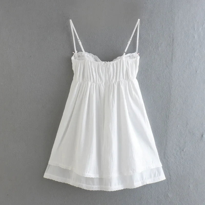 2022 Sexy White Spliced Embroidery Lace Bra Corset style Mini Dress Women Backless Party Skater Short Sling Robe Holiday