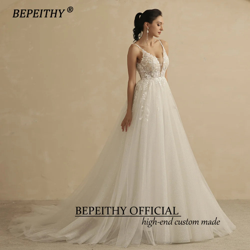 White Bridesmaid Dresses: Deep V Neck Spaghetti Straps A Line Lace Wedding Dresses