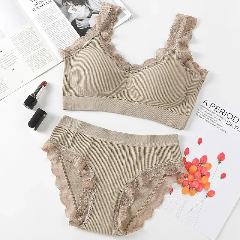 Lace Underwear Set Padded Bra Set Without Steel Ring Solid Women's