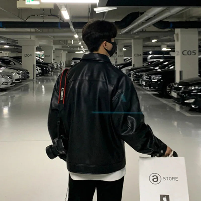 Korean Chic Double Zipper Men's PU Leather Jacket Black Simple