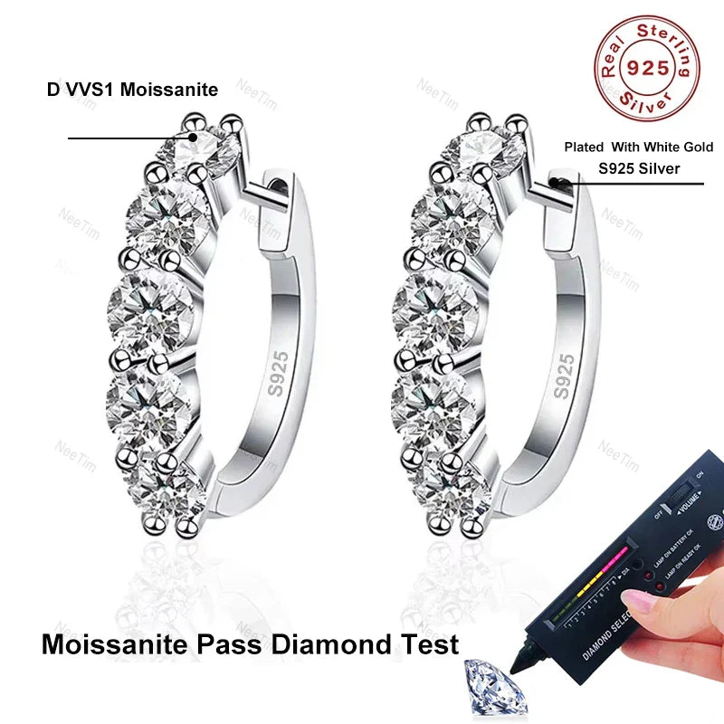 NeeTim 3mm D Color Moissanite Earrings 925 Sterling Silver Plated White Gold Hoop Earring for Women Wedding Party Fine Jewelry