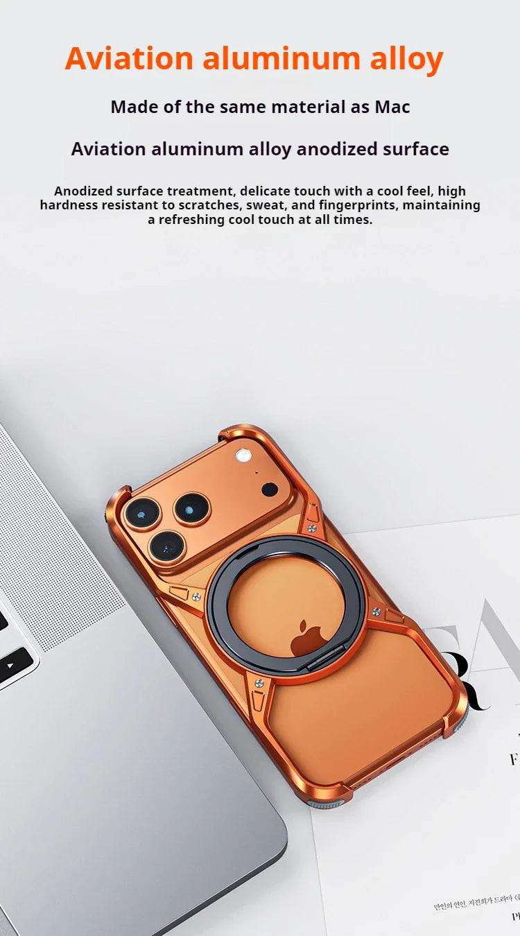 Metal Alloy Punk Frame Phone Case For iPhone 17 16 15 14 13 Pro Max 360 Rotating Bracket Magsafe Ring Magnet Stand Bumper Cover