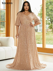 Tosheiny Plus Size V Neck Sequin Dress Fashionable Summer Dresses Apricot