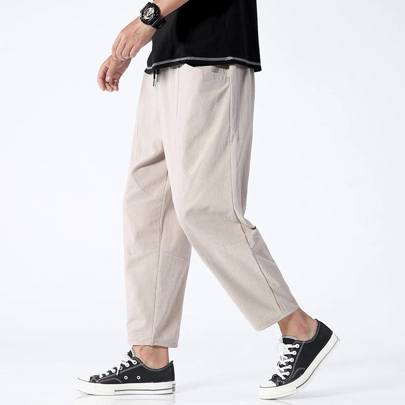 100% Cotton Summer Casual Pants Man Trendy Japanese Cropped Pants Loose Pants