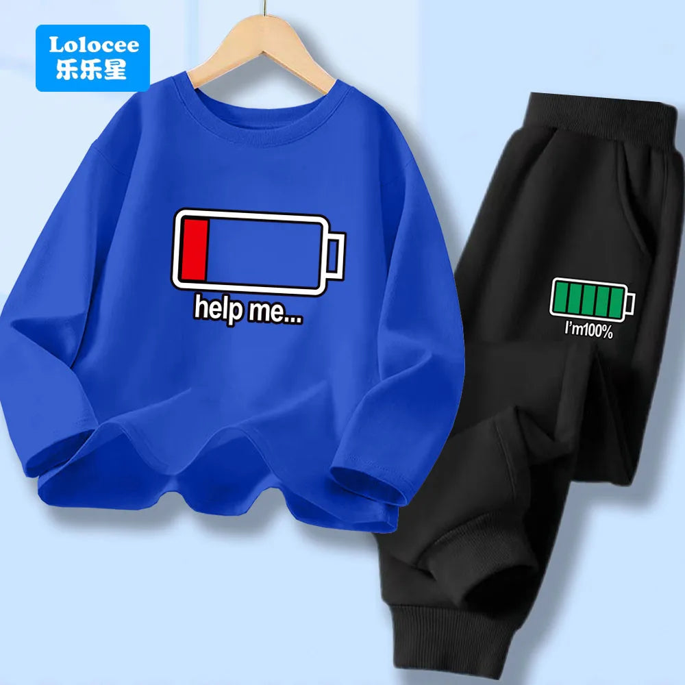 Autumn Kid Boy Long Sleeve 2pcs Clothes Set Children Funny Battery Letter Printed T-shirt Pullover Top And Pants Tracksuits DCW1