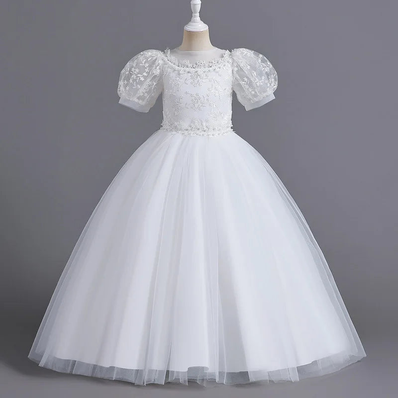 Children's Dress for Girls' 4-12 years old Princess Sequin Bubble Sleeve Long Mesh Flower Girl Wedding Little Summer