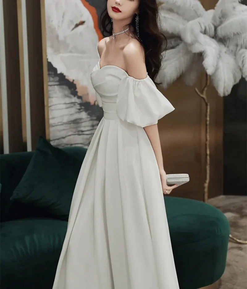 Homecoming Dresses:  White Formal Evening Dress Boat Neck Solid Wedding Party
