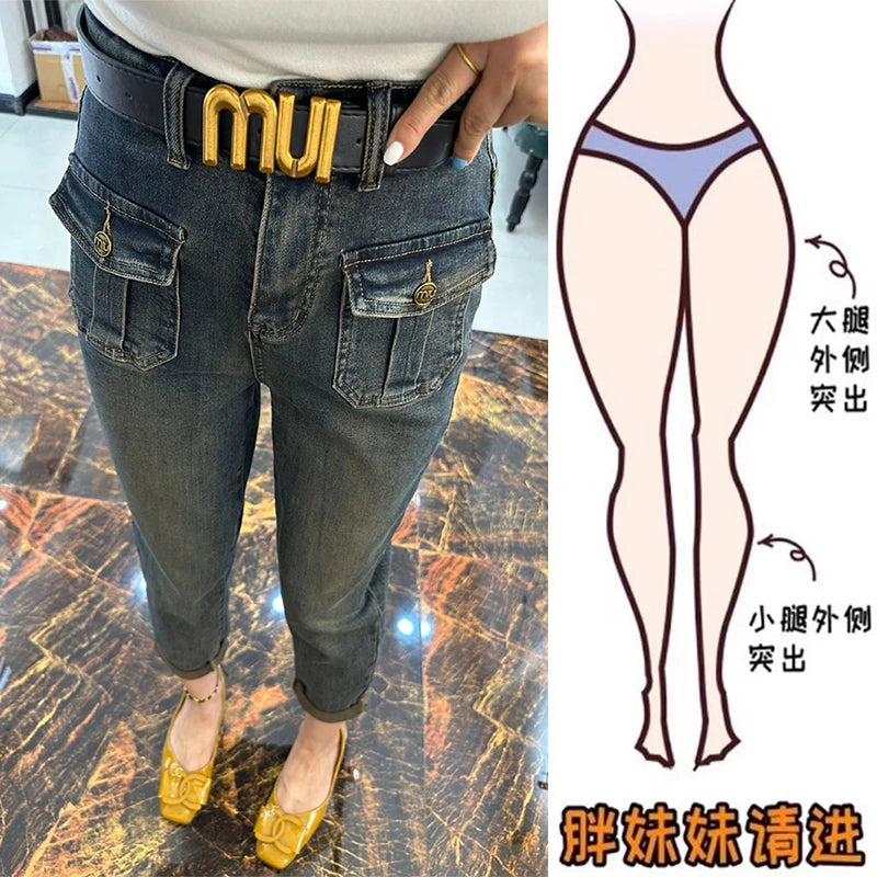 Y2k Women Jeans Large Size Women's European High-waisted Elastic Jeans