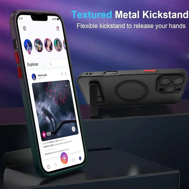 Magnetic Phone Case with Metal Kickstand for iPhone 16 Pro Max 15 14 Plus 13 12 Mini Stand Cases Back Cover with Holder