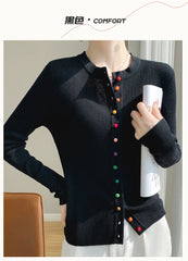 Women's 100% Merino Wool Sweater Round Collar Colorful Buckles Slim Fit Cardigan