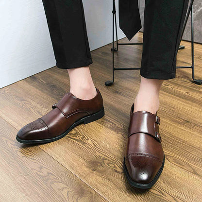 Formal Shoes Men Solid Color Block Hollow Carved Fashion Trendy Double Buckle Pointed Leather Shoes