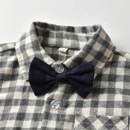 Children's Plaid Shirt and strap pants set for Boys with Bow Tie baby boy clothes 0 to 3Y Autumn Boys Clothes 70-130cm