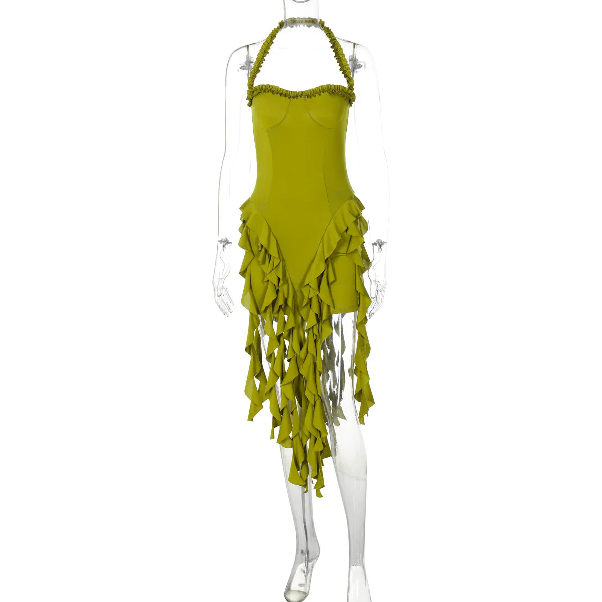 Hugcitar Elegant Halter Solid Ruffles Backless Taseel Sexy Slim Mini Dress Spring Women Cute Outfits Birthday Party Vacation