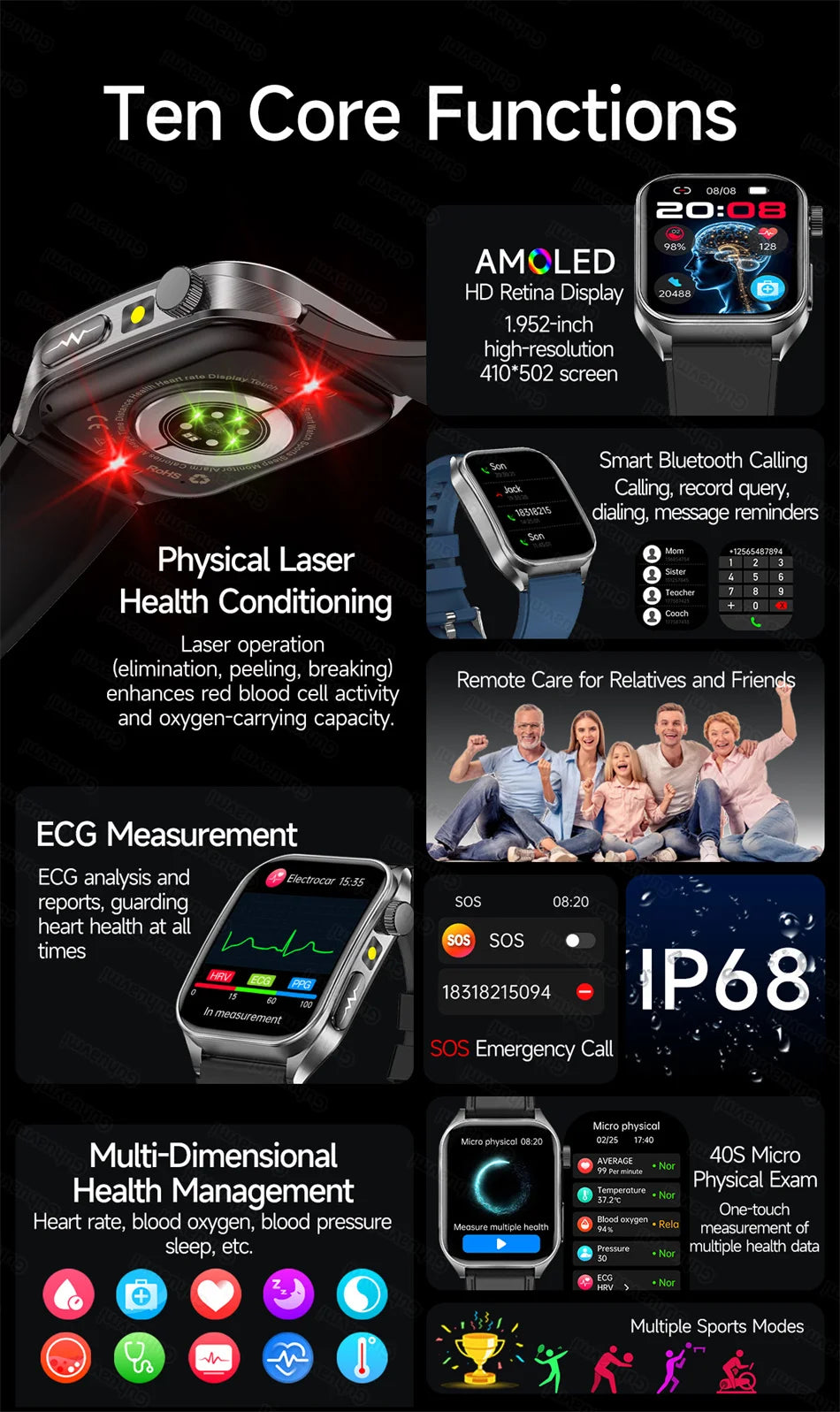 2026 New Smart Watch laser therapy health conditioning Blood oxygen Pressure Uric Acid Blood lipid ECG Smartwatch for Man Women