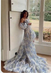 Puffy Sleeve Printing A-line Romantic Strapless Long Tail Prom Dresses