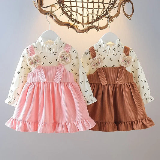 Kid Girl Long Sleeve Dress Floral Lovely Bear Corduroy Strap Style Dress Fashion