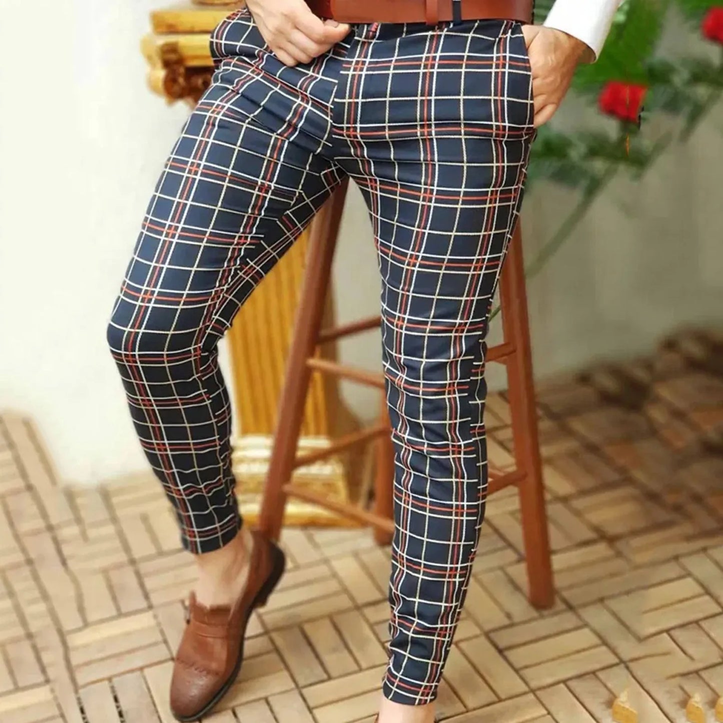 Stretch Chinos Men Men'S Twill Pants Men'S Casual Plaid Print Party Suit Pants Stretch