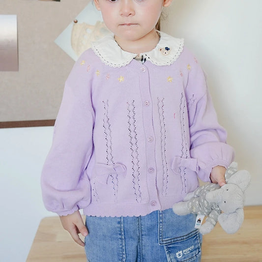 Cute Bow Purple Embroidery Jacket Girls Cardigan V-neck Sweater Pink Coat